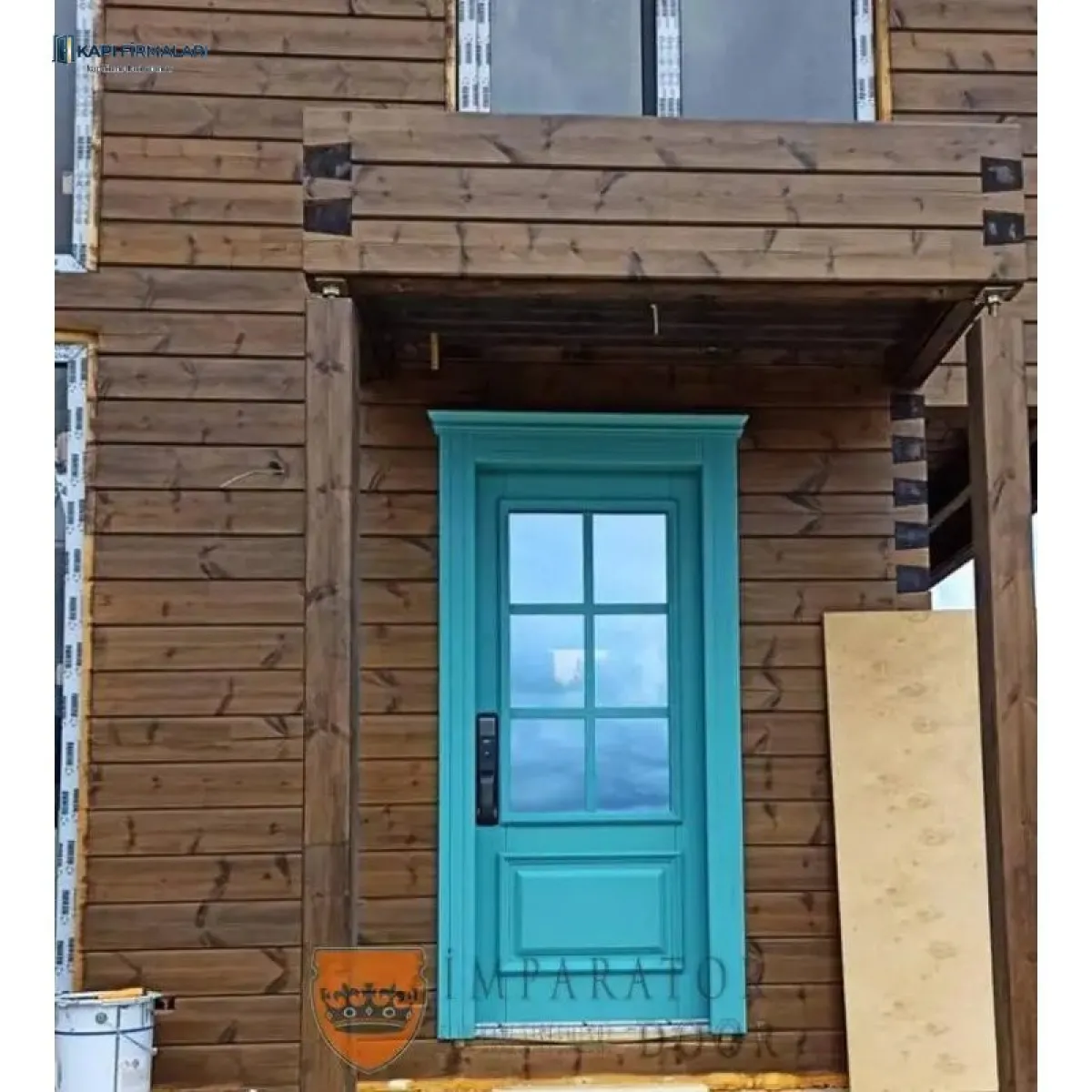 Turkuaz Camlı Kırsal Tarz Çelik Villa Kapısı