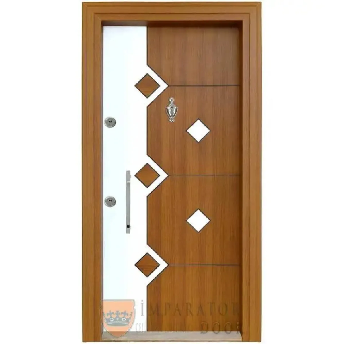 Ahşap ve Beyaz Detaylı Geometrik Çelik Kapı