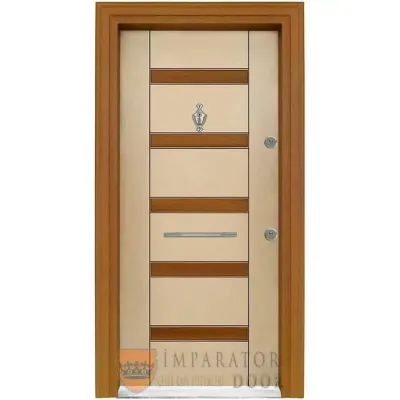Yatay Ahşap Detaylı Krem Panel Çelik Kapı