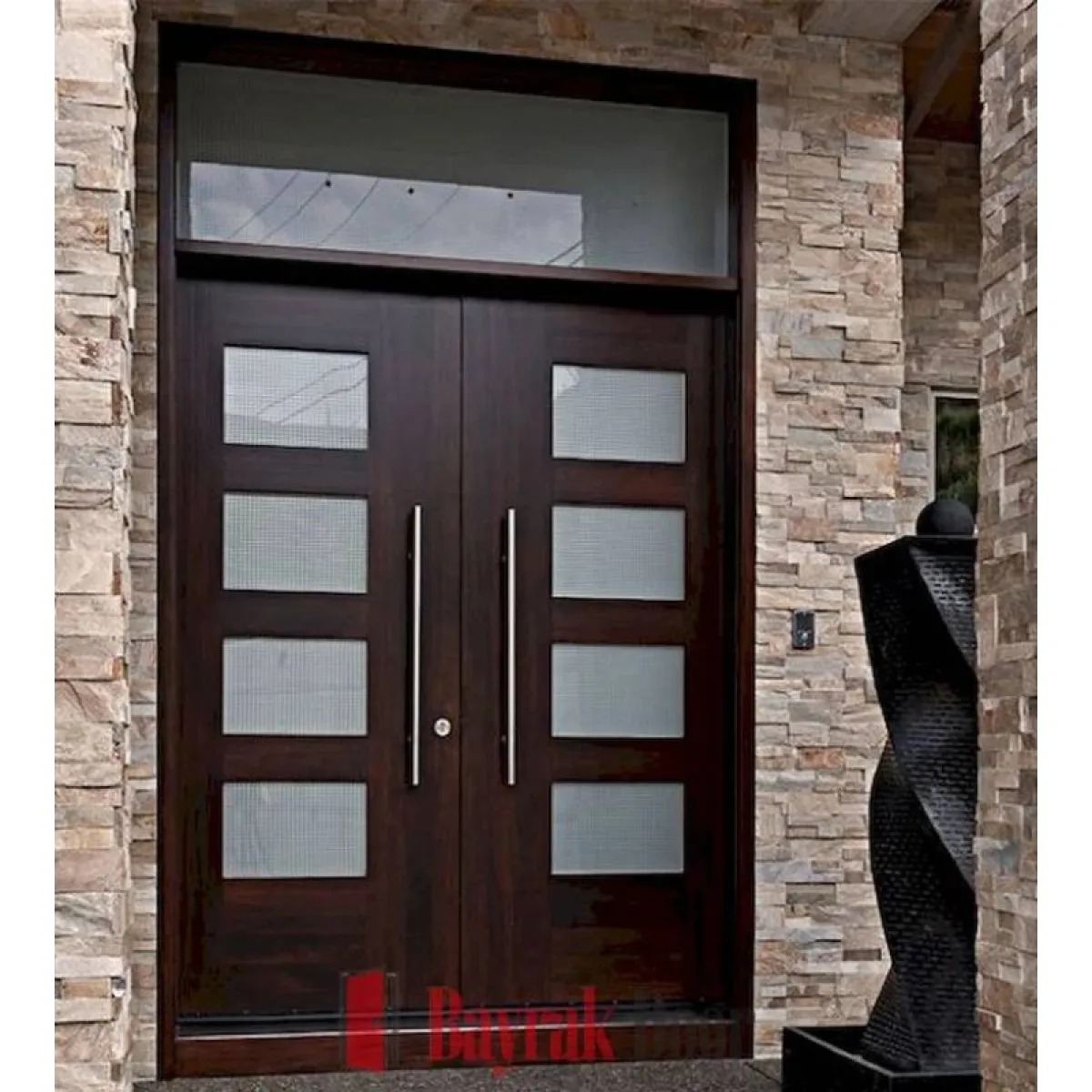 Modern Cam Detaylı Ahşap Görünümlü Villa Kapısı